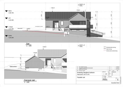 Fasadetegning (oppriks) av en bolig sett fra sør, inkludert snitt og detaljer.