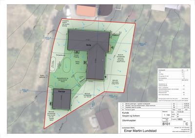 Situasjonsplan som viser bygningenes plassering på tomten, arealoppsett og tilknytning til terrenget.