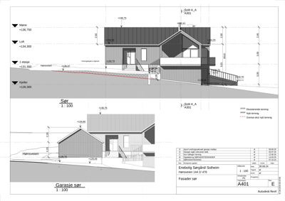 Fasadetegning (snitt) av en bolig med detaljer på høyde, tak og terreng.