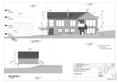 Fasadetegning (øst) med snittlinjer, høydeangivelser og terrengprofilering