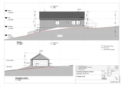 Snittegning (Snitt A_A) som viser bygningens tverrsnitt, høyder og forhold til terrenget.