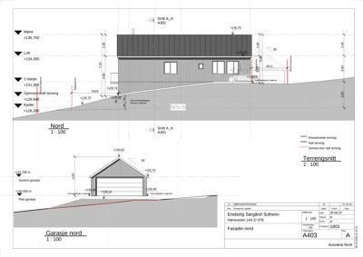 Bildet viser et terrengsnitt (Snitt A_A) av en bolig og en garasje, inkludert høydeangivelser og terrengform.