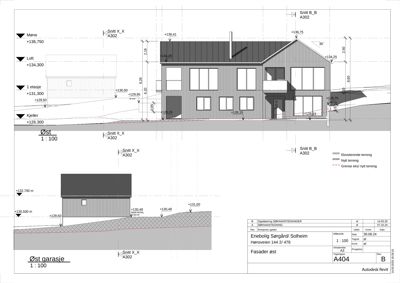 En snittegning (Snitt X_X og Snitt B_B) som viser bygningens høyde, etasjer og terrengforhold.