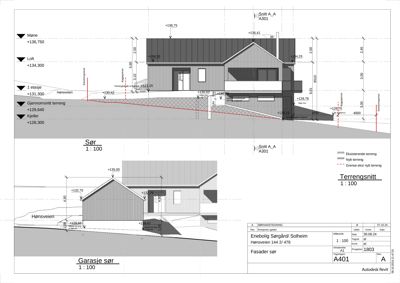 Bildet viser et snitt (Snitt A_A) av en bolig, inkludert terrengsnitt og fasadeutsnitt mot sør, med detaljerte høydemål og konstruksjonslinjer.