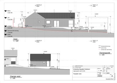 Bildet viser en snittegning (terrengsnitt) av en bolig, inkludert fasade og terrengprofil.