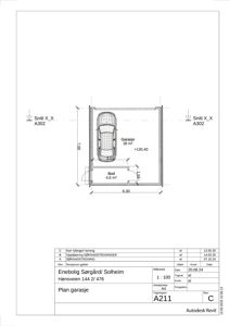 Etasjeplan for garasje og bod med romareal, mål og bilillustrasjon.
