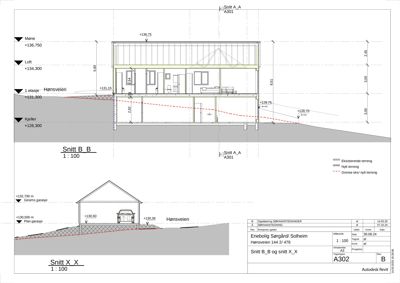 Snittegning av en bolig med visuell fremstilling av romfordeling, høydemål og terrengforhold.