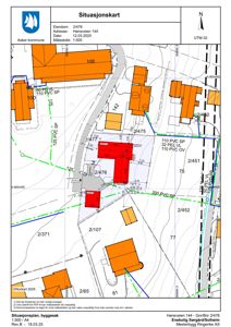 Situasjonskart som viser eiendomsnummer, bygningers plassering på tomten, grenser og tilstøtende eiendommer.