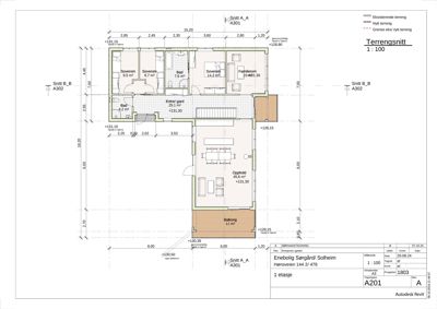 Terrengsnitt som viser høydeforskjeller, nivåer og romfordeling i forhold til terrenget.