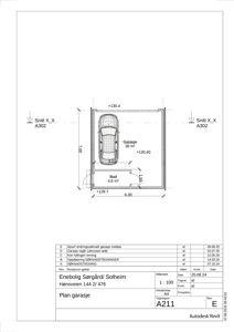 Etasjeplan for en garasje og en bod med romareal, mål og en bilillustrasjon.