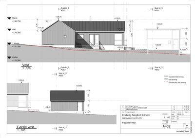 Fasadetegning av en bolig sett fra vest, med detaljer om høyder, takform og terrengforhold.