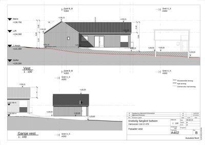 En snittegning (Snitt B_B og Snitt X_X) som viser bygningens tverrsnitt, høyder og terrengforhold.