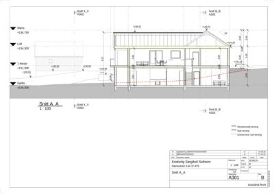Snittegning (Snitt A_A) som viser bygningens tverrsnitt, høyder og romfordeling.