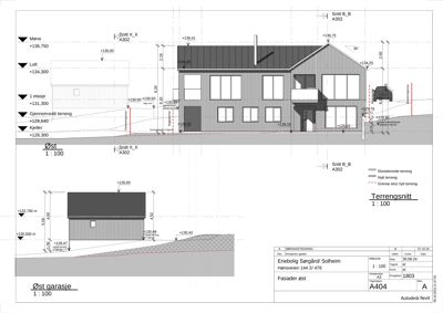 Snittegning som viser bygningens tverrsnitt, høyder og terrengforhold.