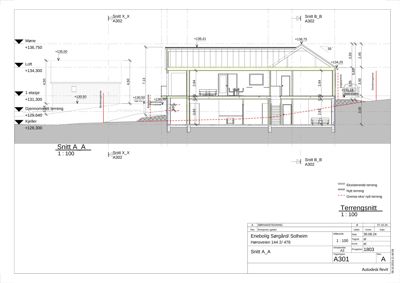 Snittegning (Snitt A_A) som viser bygningens tverrsnitt, høyder og terrengforhold.