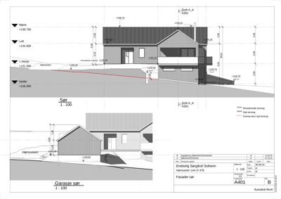 Fasadetegning (snitt) av en bolig med detaljer på høyde og terrengforhold
