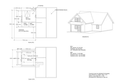 Tegning som viser etasjeplaner (PLAN 1 ETG og PLAN 2 ETG) for en tilbygg, inkludert romfordeling, mål og en perspektivtegning.