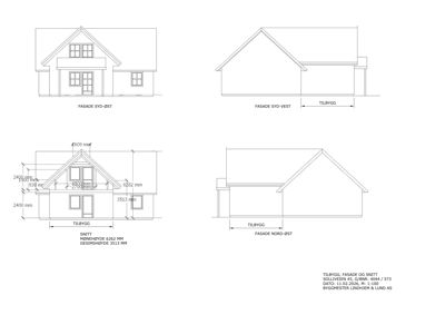 Bildet viser fasadetegninger (syd-øst, syd-vest, nord-øst) og en snittegning (snitt) for en bygning, med mål og orientering.