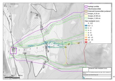 Kart som viser et kartlagt område med jordskred, erosjon og potensielt losneområde. Kartet inneholder topografi, vegnett og en fargekoding for maks hastighet.