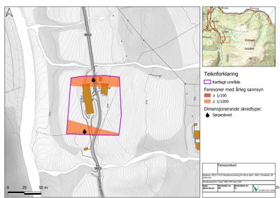 Faresonekart som viser et kartlagt område med bygninger, skredfare og topografi.