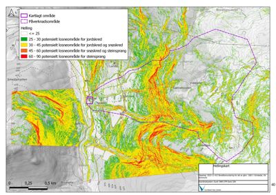 Helningkart som viser terrengforhold og potensielle losneområder for jordskred, snøskred og steinsprang i et område ved Breiddalsvatnet.