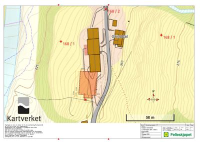 Kart over Grinddal med topografiske linjer, høydemålere, veier og bygningsplasseringer. Kartet viser også et utvalgt område (168/1) med detaljerte mål og en rød skravert linje som indikerer et planlagt eller eksisterende areal.