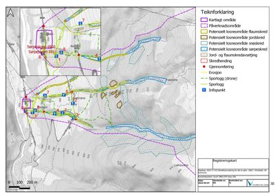 Registreringskart som viser et kartlagt område med overlappende sporlogg, erosjon og infopunkter i et skråningsterrang.