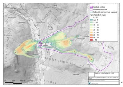 Kart over snøskredfare i Grindal-området med kartlagte områder, påvirknadsområder og snøskredområder.