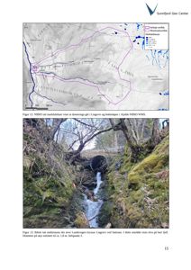 Bildet viser en markfuktighetskart fra NIBIO som viser dreneringsganger i Ljagrovi og bekkeløpet i Kjelde NIBIO WMS.