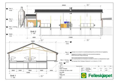 Snittegning (Snitt 1 og Snitt 2) som viser tverrsnittet av bygningen, inkludert takkonstruksjon, veggtykkelse, gulvkonstruksjon og høyder for ulike plan.