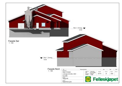 Fasadetegning som viser bygningens utseende fra nord og sør.
