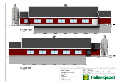 Tegning som viser fasadeopprikk for bygningen sett fra vest og øst.