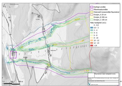 Kart over et område med topografi (konturlinjer), veier og bygninger, overlagret med fargede soner som viser kartlagte områder, erosjonsområder og hastighetsdata for flumsred.