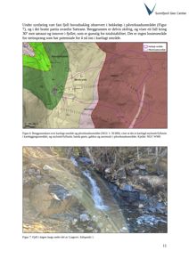 Berggrunnkart over kartlagt område og påvirknadsområde med geologiske soner og en fotobilde av fjell og bekkeløp.
