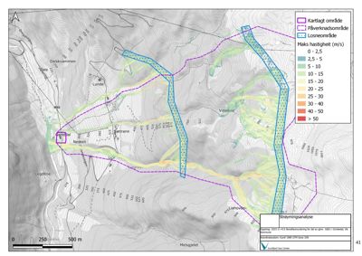 Kart over et område med topografiske linjer, og overlagte data om strømningshastighet og kartlagte områder.