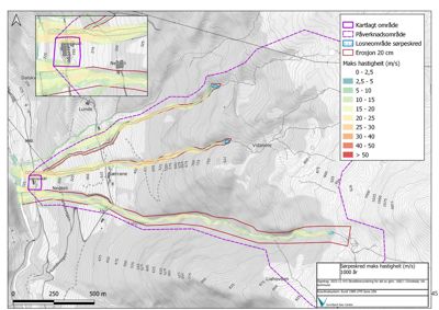 Kart som viser et kartlagt område med topografi (konturlinjer) og fargekoding for maks hastighet i en soneskredvurdering.