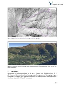 Bildet viser en 3D-framstilling (flyfoto) av et kartlagt område med fjell og dal, inkludert et svart omriss som markerer et spesifikt område.
