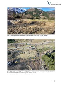 Bildet viser to fotografier fra en rapport. Det øverste er et nærbilde av en grøft i morenemassar ved Sartrane. Det nedre er et dronebilde som viser Nedreli og bekkeløpet med lausmassar.