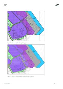 Bildet viser to utsnitt fra reguleringsplaner (en gjeldende og en med endringer) som illustrerer arealbruk, vegnett og vannarealer i et område.