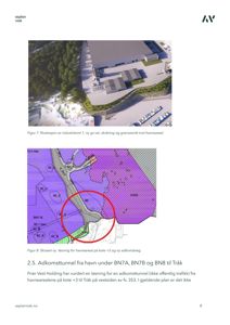 Bildet viser en side fra en rapport som inneholder en 3D-visualisering (rendering) av et industriområde og en kartskisse (situasjonsplan) med fargekodet arealplanlegging. Under bildene er det tekst som beskriver prosjektet.
