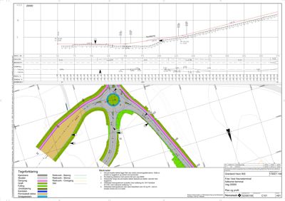 Situasjonsplan som viser anleggsområdet med rundkjøring, veg 20000, og detaljer for asfaltering, fylling og grøfting.