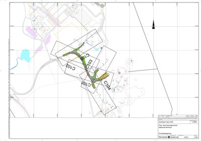 Oversiktsplan (situasjonsplan) som viser tomtens beliggenhet, omgivende infrastruktur, og planlagte inngangspunkter (C101-C104) til Adkomst terminalen.