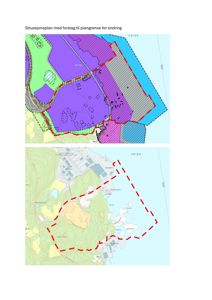 Bildet viser to situasjonsplaner. Den øverste viser en detaljert plan med fargekodet arealbruk (f.eks. grønt for park, lilla for bolig) og forslag til plangrense (rød linje). Den nedre viser en oversiktsplan over et større område med topografi og bygningsplassering.