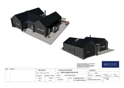 3D-visualisering av et hus med fasade og omgivelser