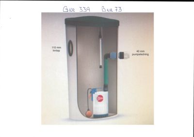En illustrasjon av en pumpe med angitte mål (110 mm innløp, 40 mm pumpeledning).