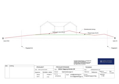 Snittegning som viser tverrsnitt gjennom bygningen med oppgitt koter for eksisterende og planert terreng.
