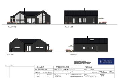 Fasadetegning som viser bygningens utseende fra fire sider (Nord, Aust, Sør, Vest).