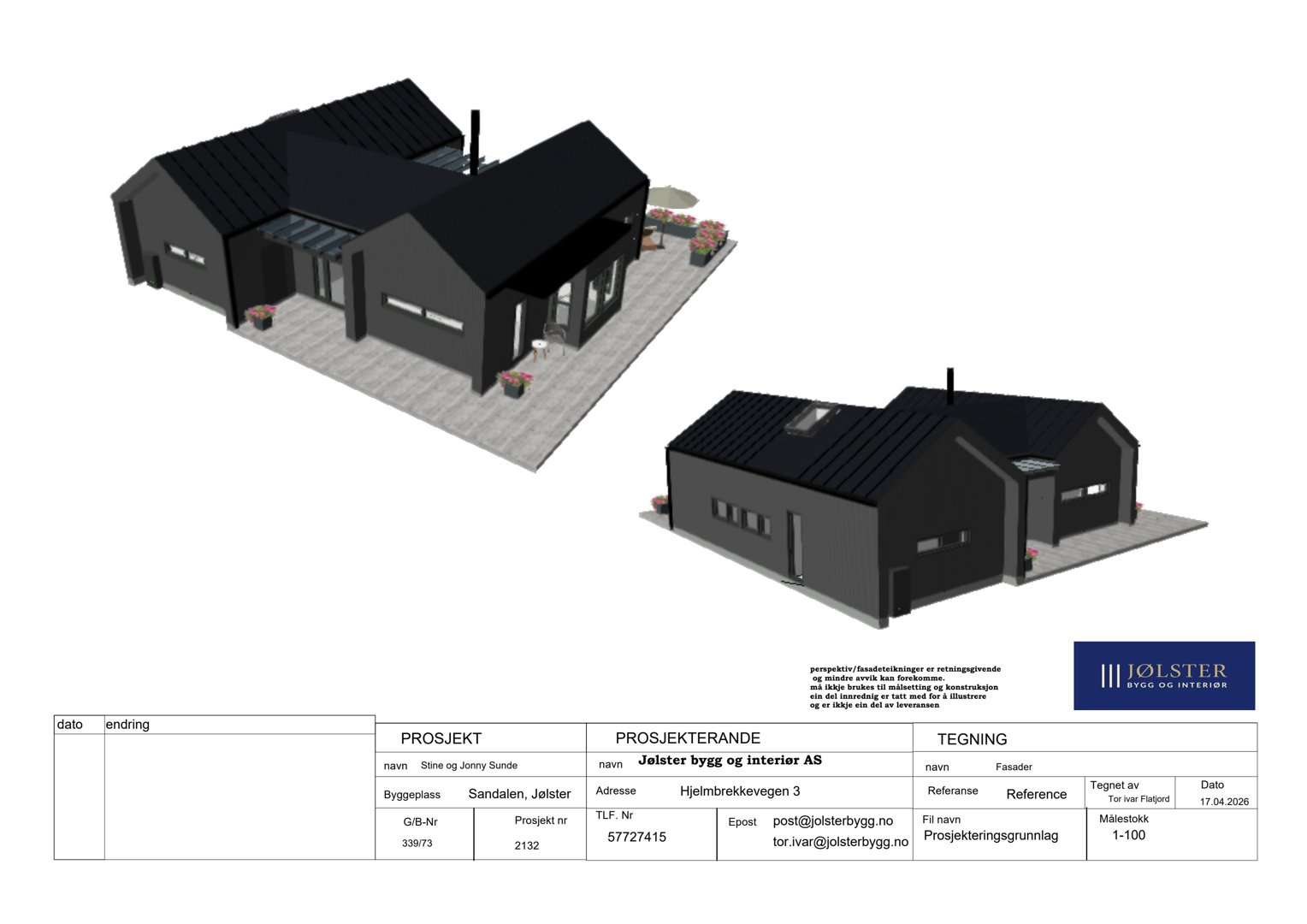 3D-visualisering av et hus med fasade og omgivelser