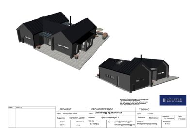 3D-visualisering av et hus med fasade og omgivelser