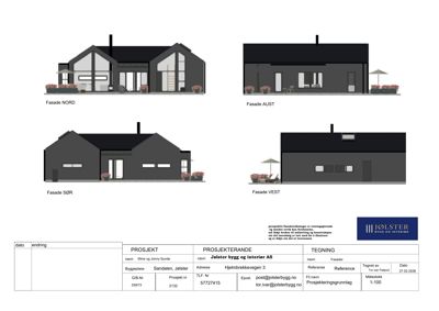 Fasadetegning som viser bygningens utseende fra fire sider (Nord, Aust, Sør, Vest).